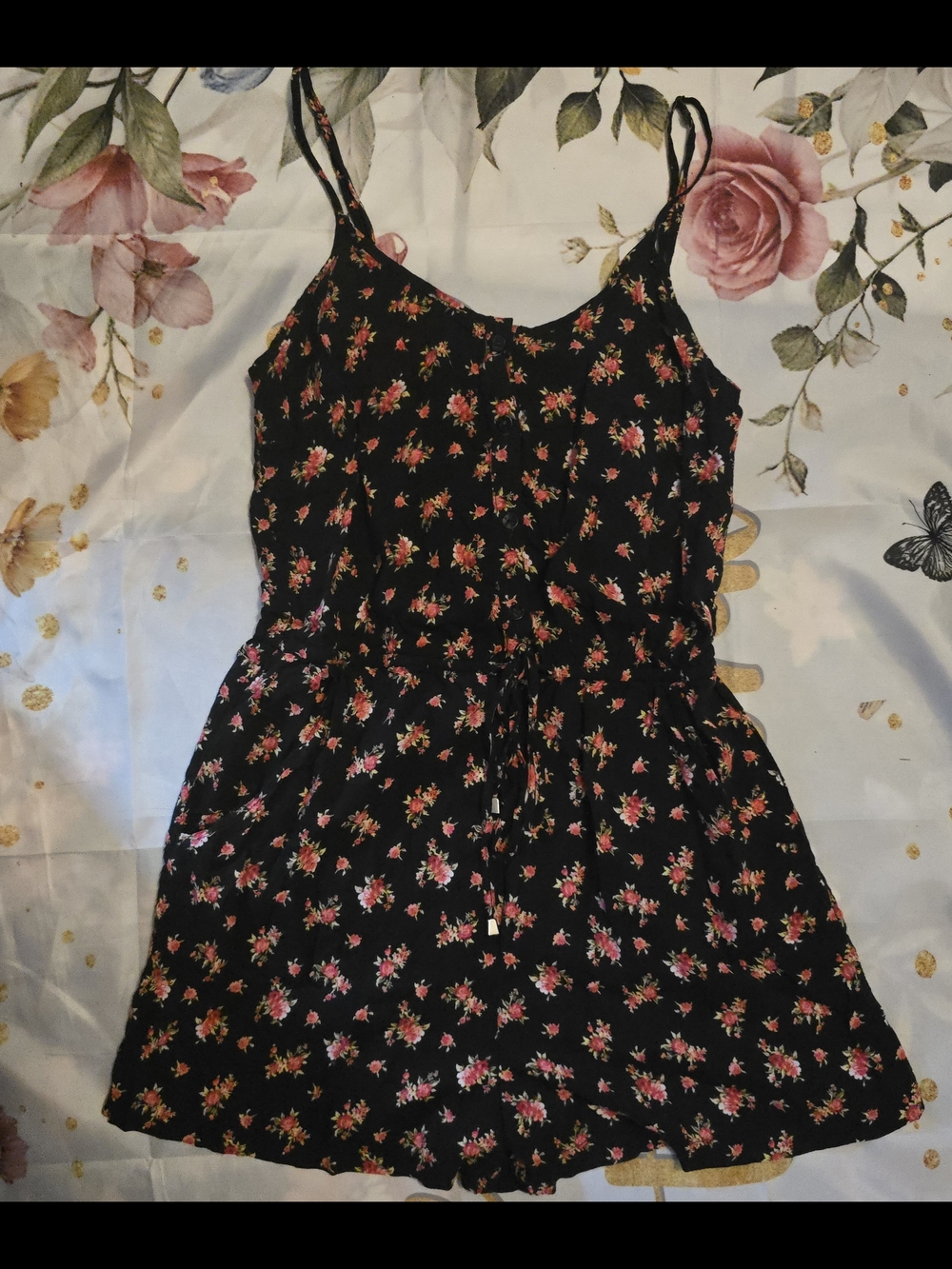 BE COOL Black Floral Romper with Pink & Green Accents